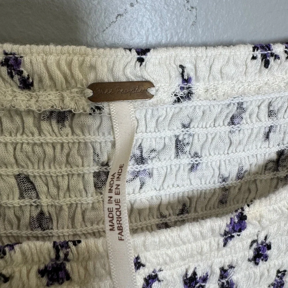 Free People Smocked Floral Square Neck Bell Sleeve Top OB1434162 Navy Cream S